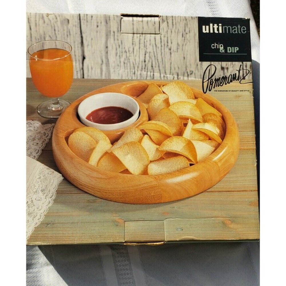 Wooden 12” Chip Veggie Snack Dish W/ Porcelain Dip Bowl